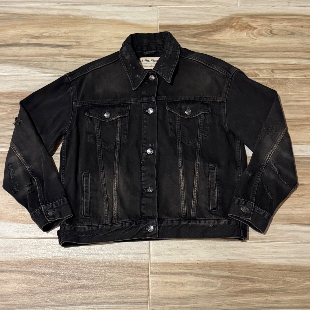 Free People We The Free Black Distressed Oversized Denim Jean Jacket XS